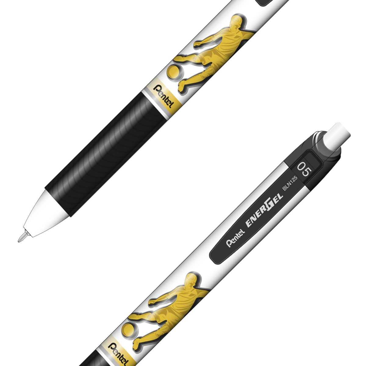 Pentel EnerGel, Bolígrafo de Gel Retráctil/Pluma Recargable, Punta de Aguja 0.5 mm, Edición Especial Fútbol, Tinta Negra de Secado Rápido, Cuerpo Blanco, Paquete de 10 Piezas, BLN125FBW-A
