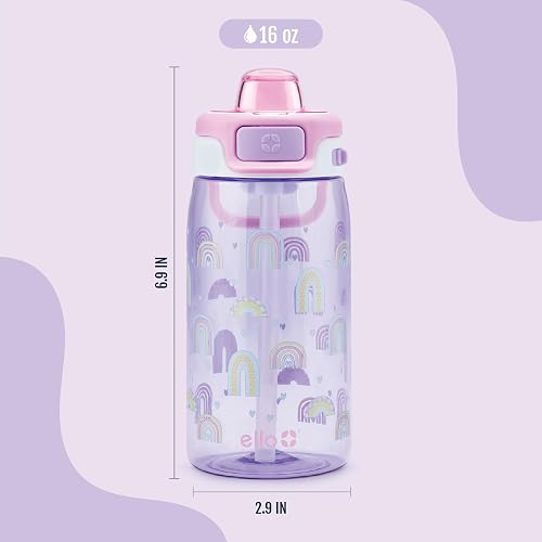 Ello Kids Pop & Fill Botella de agua de plástico Tritan de 16 onzas con tecnología de llenado rápido, tapa de bloqueo a prueba de fugas, sin BPA, apto para lavaplatos, para escuela, loncheras, arco