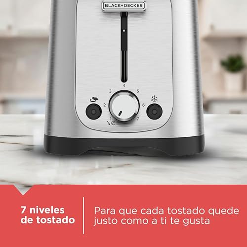 Black+Decker Tostadora de Pan 2 Rebanadas con 7 Niveles, TR1227-0SDLA | Ranuras extra anchas para tostar bagels y panes gruesos, con función para alimentos congelados