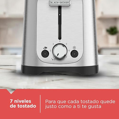 Black+Decker Tostadora de Pan 2 Rebanadas con 7 Niveles, TR1227-0SDLA | Ranuras extra anchas para tostar bagels y panes gruesos, con función para alimentos congelados