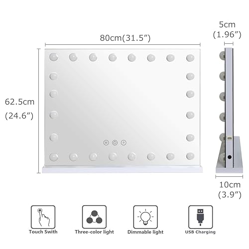 Despful - Espejo de Maquillaje con Luces de 80 x 59 cm, 10 Espejos Grandes con iluminación de Hollywood con 24 Bombillas LED Regulables, 3 Modos de Color, Control táctil para recámara, Mesa o Pared,