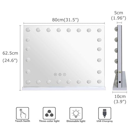 Despful - Espejo de Maquillaje con Luces de 80 x 59 cm, 10 Espejos Grandes con iluminación de Hollywood con 24 Bombillas LED Regulables, 3 Modos de Color, Control táctil para recámara, Mesa o Pared,