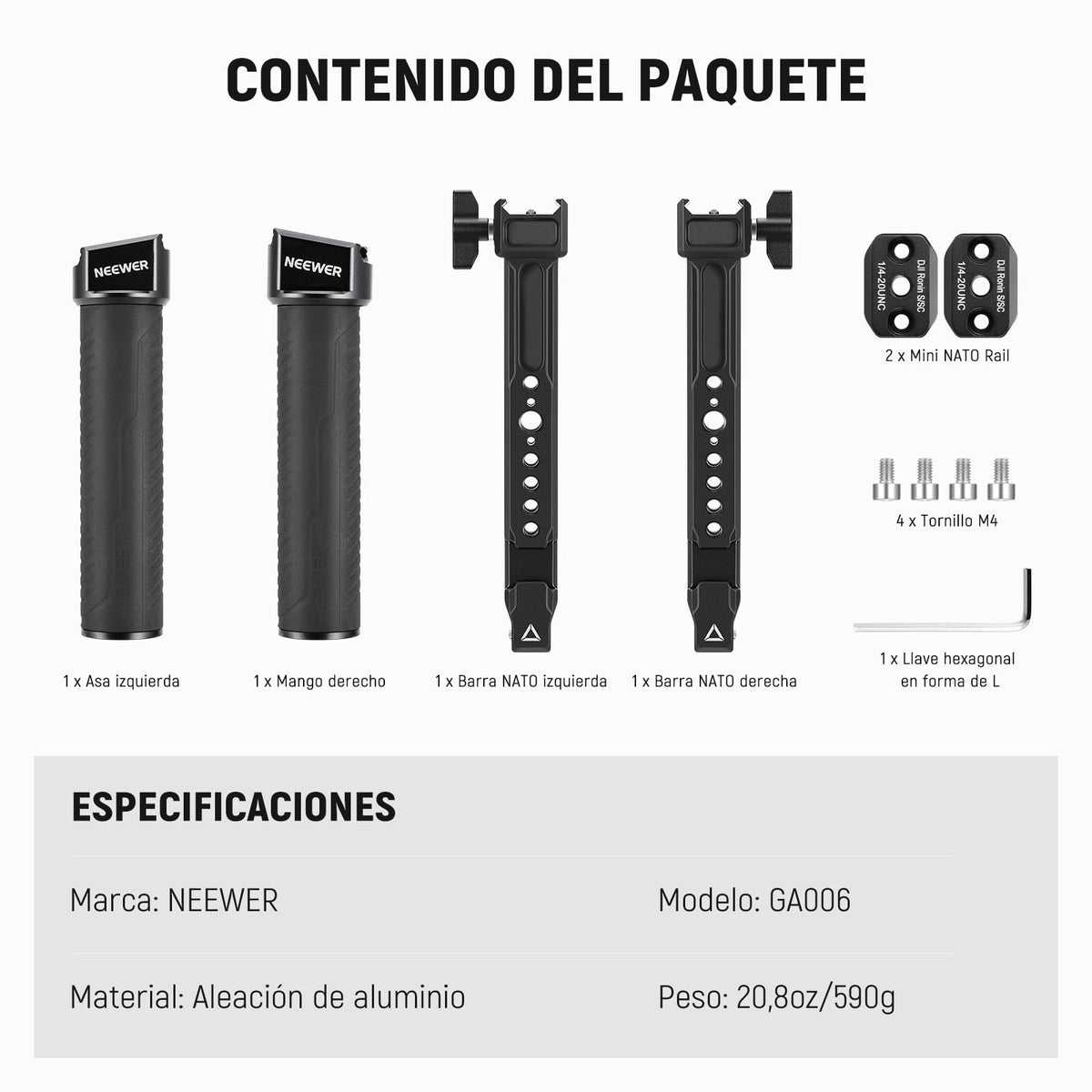 NEEWER Doble Mango Compatible con dji RS5 RS4 RS4 Pro RS3 RS3 Pro RS2 RSC2 Ronin S SC Gimbal, Kit Doble Mango con 2 Mini Rieles NATO, Abrazaderas NATO Liberación Rápida, Roscas de 1/4" y 3/8", GA006