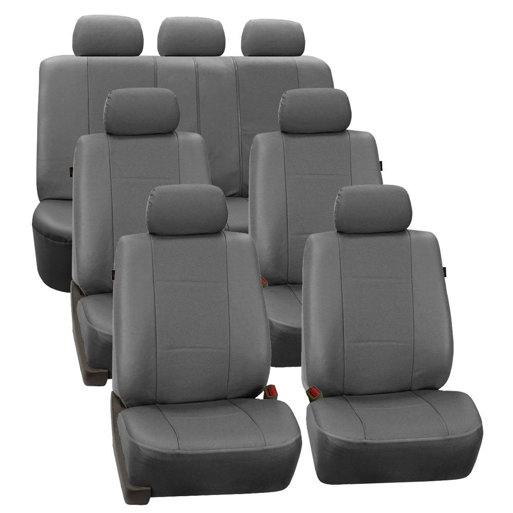 FH GROUP FH-PU007217 3 Row Deluxe Leatherette Car Seat Covers w. 7 Headrests, Airbag Compatible and Rear Split Bench, Gray Color