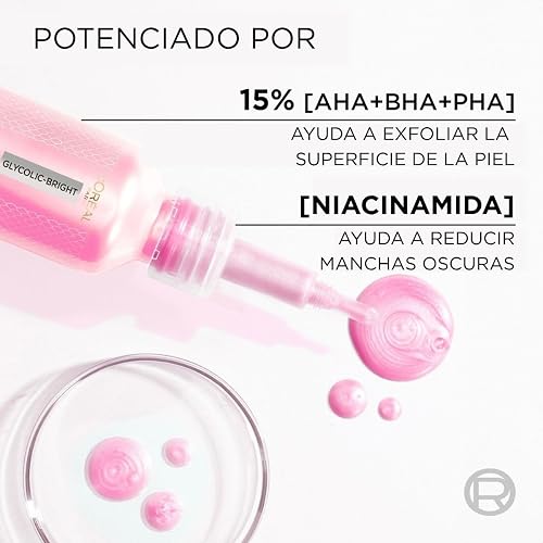 L'Oréal Paris, Glycolic Bright Peeling Exfoliante Facial Anti Manchas, Mejora la Textura y Luminosidad de la Piel, Reduce Poros Abiertos e Imperfecciones, 25 ml.