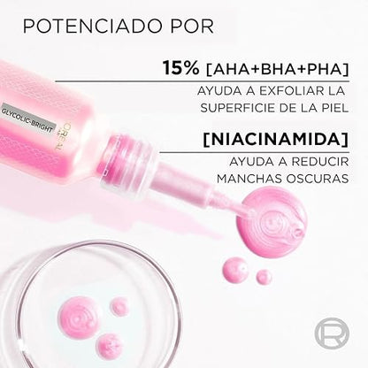 L'Oréal Paris, Glycolic Bright Peeling Exfoliante Facial Anti Manchas, Mejora la Textura y Luminosidad de la Piel, Reduce Poros Abiertos e Imperfecciones, 25 ml.