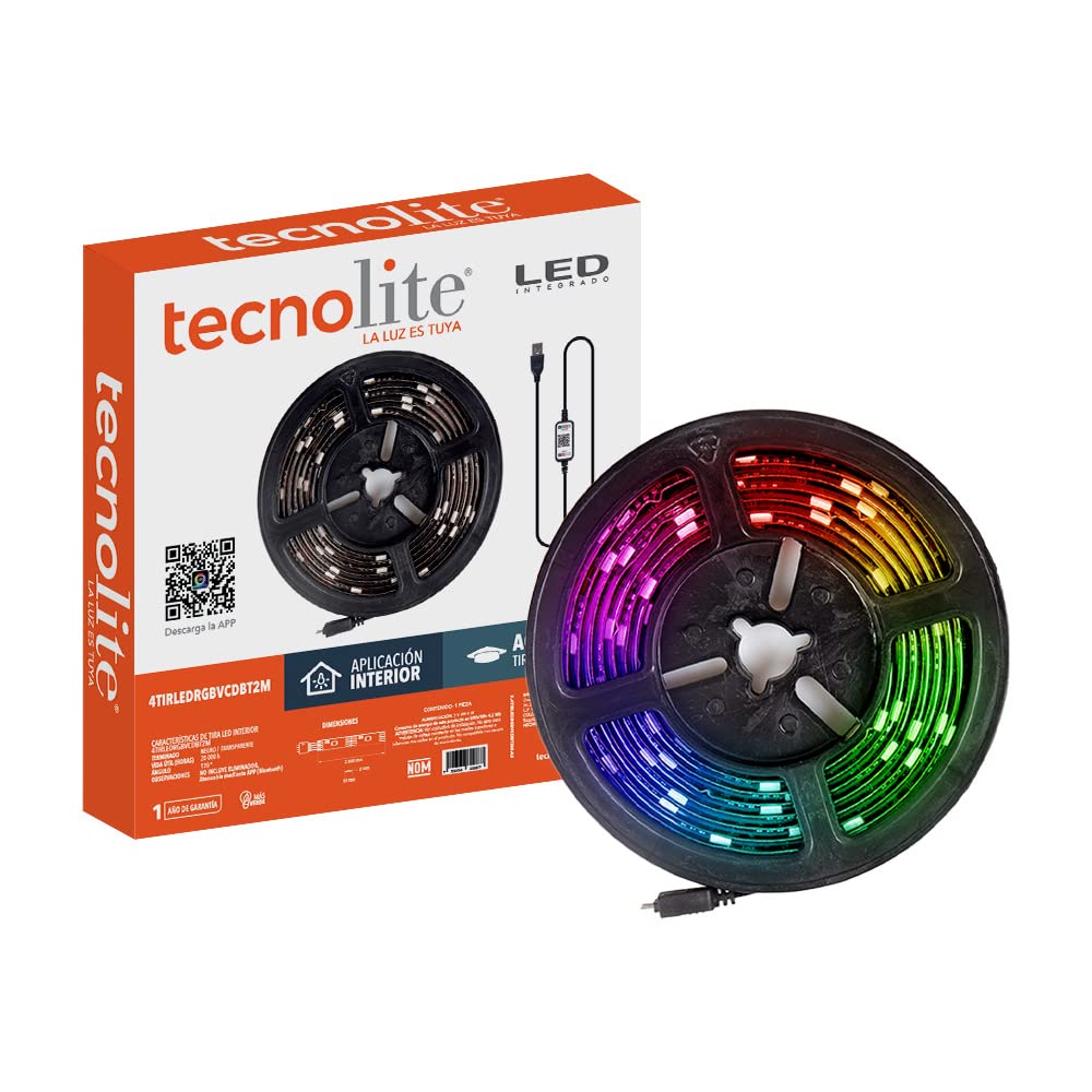 Tecnolite Tira LED RGB Bluetooth 2 Metros 4W - Luz de Colores + Blanca, Configuración mediante App móvil, Interiores, 1 Pieza