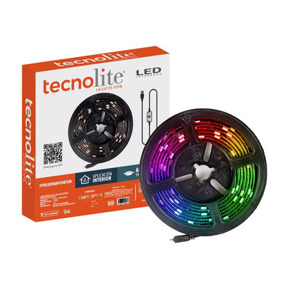 Tecnolite Tira LED RGB Bluetooth 2 Metros 4W - Luz de Colores + Blanca, Configuración mediante App móvil, Interiores, 1 Pieza