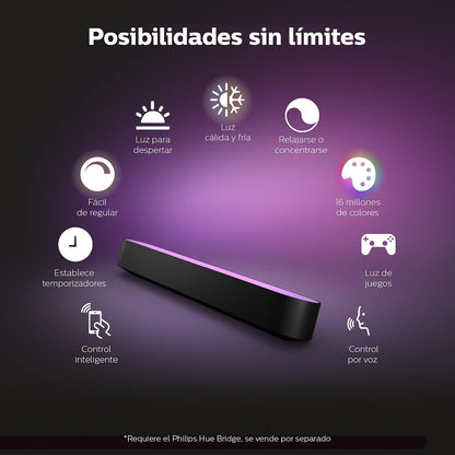 Philips Hue 78202/30/U7 Play White & Color Ambiance Paquete doble de barra de luz + Extensión Tira de Luz Interior White & Color Ambiance 1m Versión Lightstrip Plus V4 con Bluetooth y Zigbee