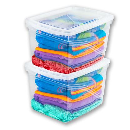 JOY - Caja de Almacenamiento 32 Litros, Pack de 2, para Organizar Armario, Juguetes, Ropa, con Cierre Click! y Agarraderas Reforzadas, Plástico Libre de BPA, Transparente