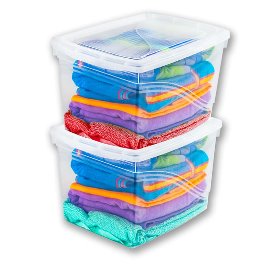 JOY - Caja de Almacenamiento 32 Litros, Pack de 2, para Organizar Armario, Juguetes, Ropa, con Cierre Click! y Agarraderas Reforzadas, Plástico Libre de BPA, Transparente