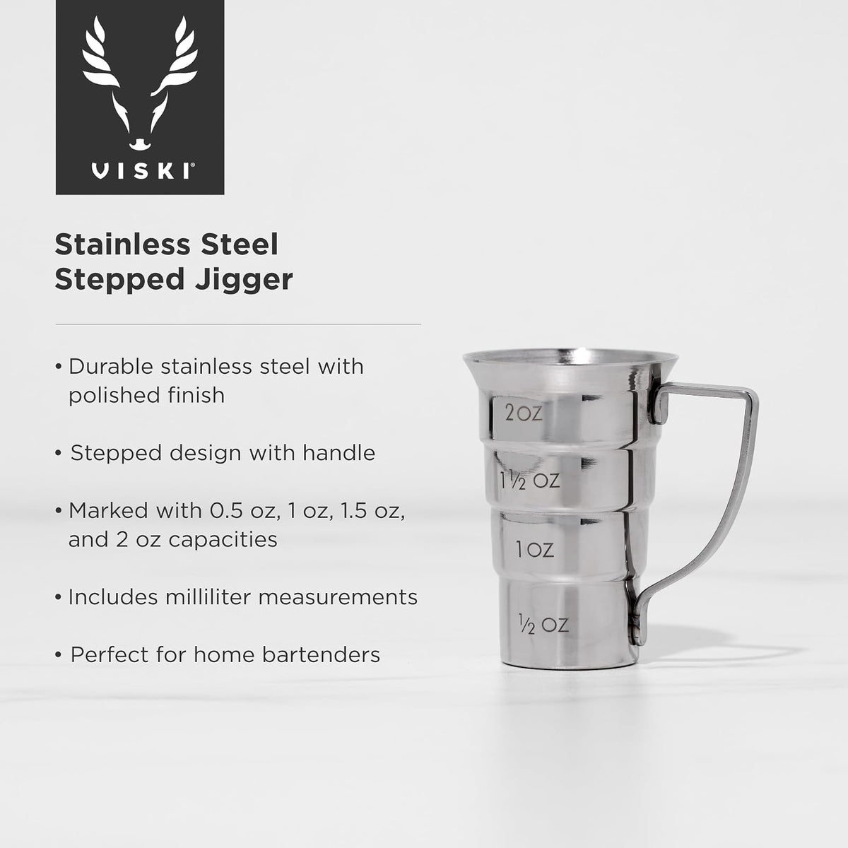 Viski - Jigger escalonado con asa, 4 marcas de medición, taza medidora para recetas de cóctel, 0.5 onzas, 1.5 onzas, 1.5 onzas y 2 onzas, acero inoxidable