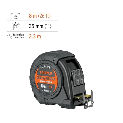 Truper FCN-10M, Flexómetro contra impactos 10 m Cinta Negra 32 mm