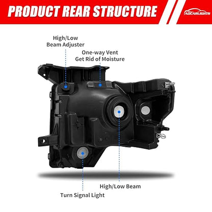 Adcarlights Faros Delanteros para Ford F-150 2009-2014, Carcasa Negra, Lente Transparente, Par