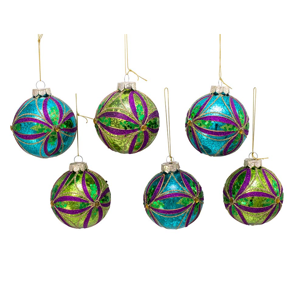 Kurt S. Adler Kurt Adler - Bola de Navidad de Vidrio de 80 mm, Adorno de Caja de 6 Piezas, Azul, Verde, Dorado, Morado, 6 Unidades