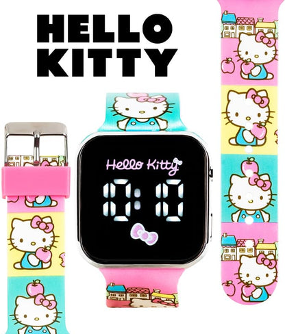 Accutime Hello Kitty - Reloj LED para niños, caja de plástico plateado, ilustraciones coloridas impresas, visualización LED blanca, correa de silicona suave, fácil de leer, ideal para niñas, mercancía