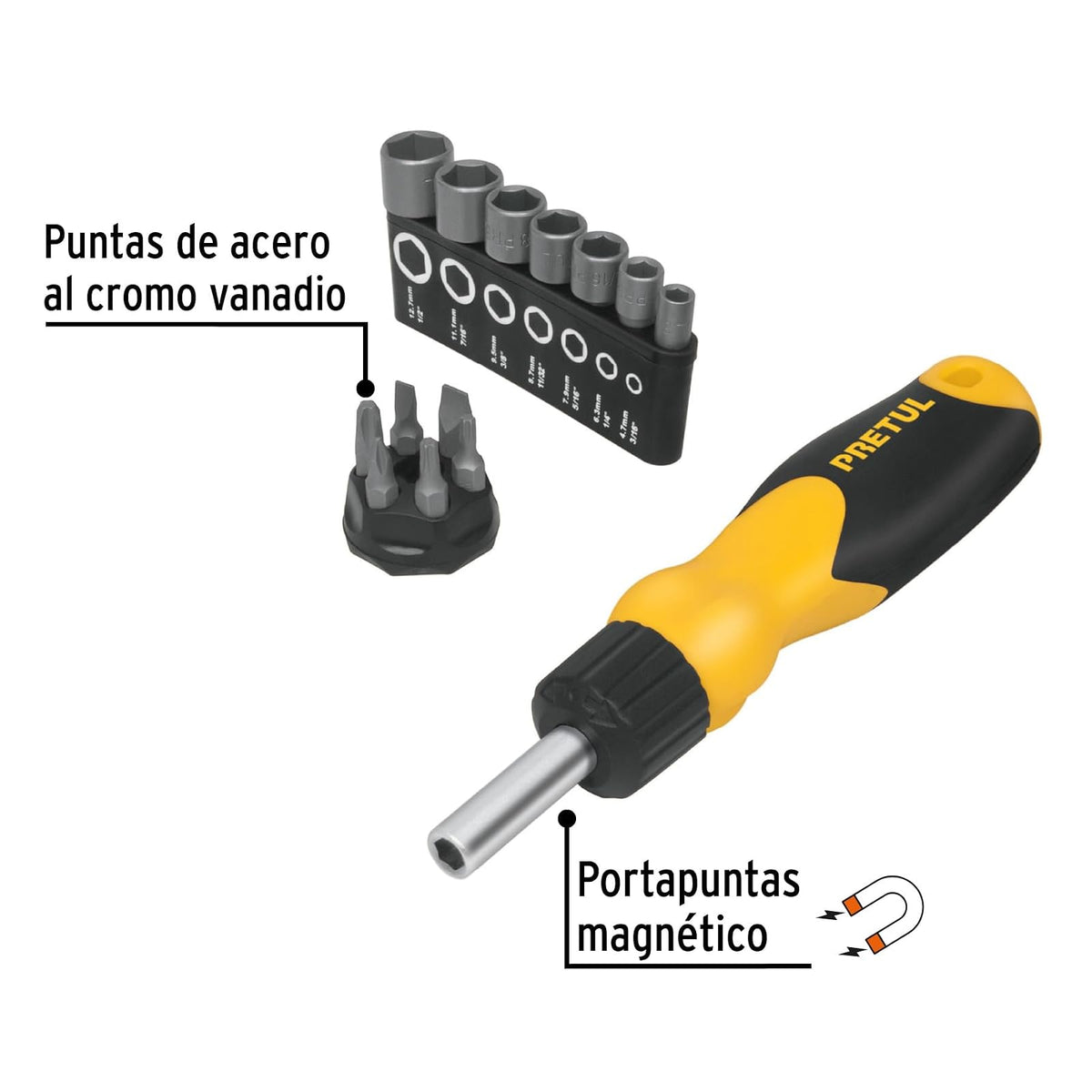 Pretul DES-14P, Desarmador tipo matraca con 6 puntas y 7 dados