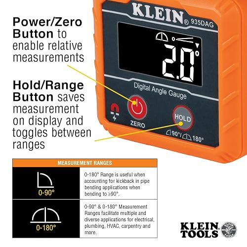 Klein Tools - Nivel Digital e inclinómetro, mide o fija ángulos, verifica ángulos relativos con función de cero calibración, o se puede usar como nivel digital 935DAG