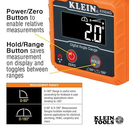 Klein Tools - Nivel Digital e inclinómetro, mide o fija ángulos, verifica ángulos relativos con función de cero calibración, o se puede usar como nivel digital 935DAG