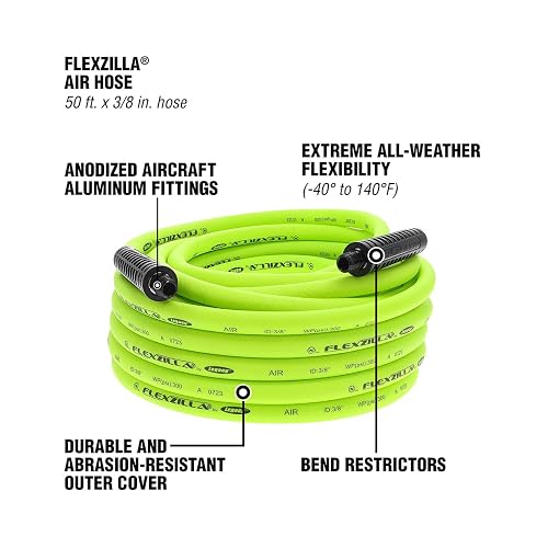 Flexzilla Air Hose, 3/8 in. x 50 ft., 3/8 in. MNPT Fittings, Heavy Duty, Lightweight, Hybrid, ZillaGreen - HFZ3850YW3