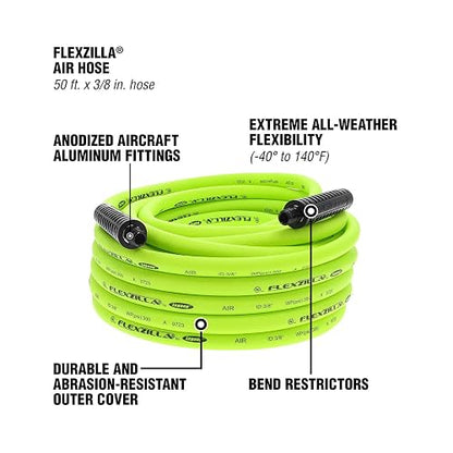 Flexzilla Air Hose, 3/8 in. x 50 ft., 3/8 in. MNPT Fittings, Heavy Duty, Lightweight, Hybrid, ZillaGreen - HFZ3850YW3