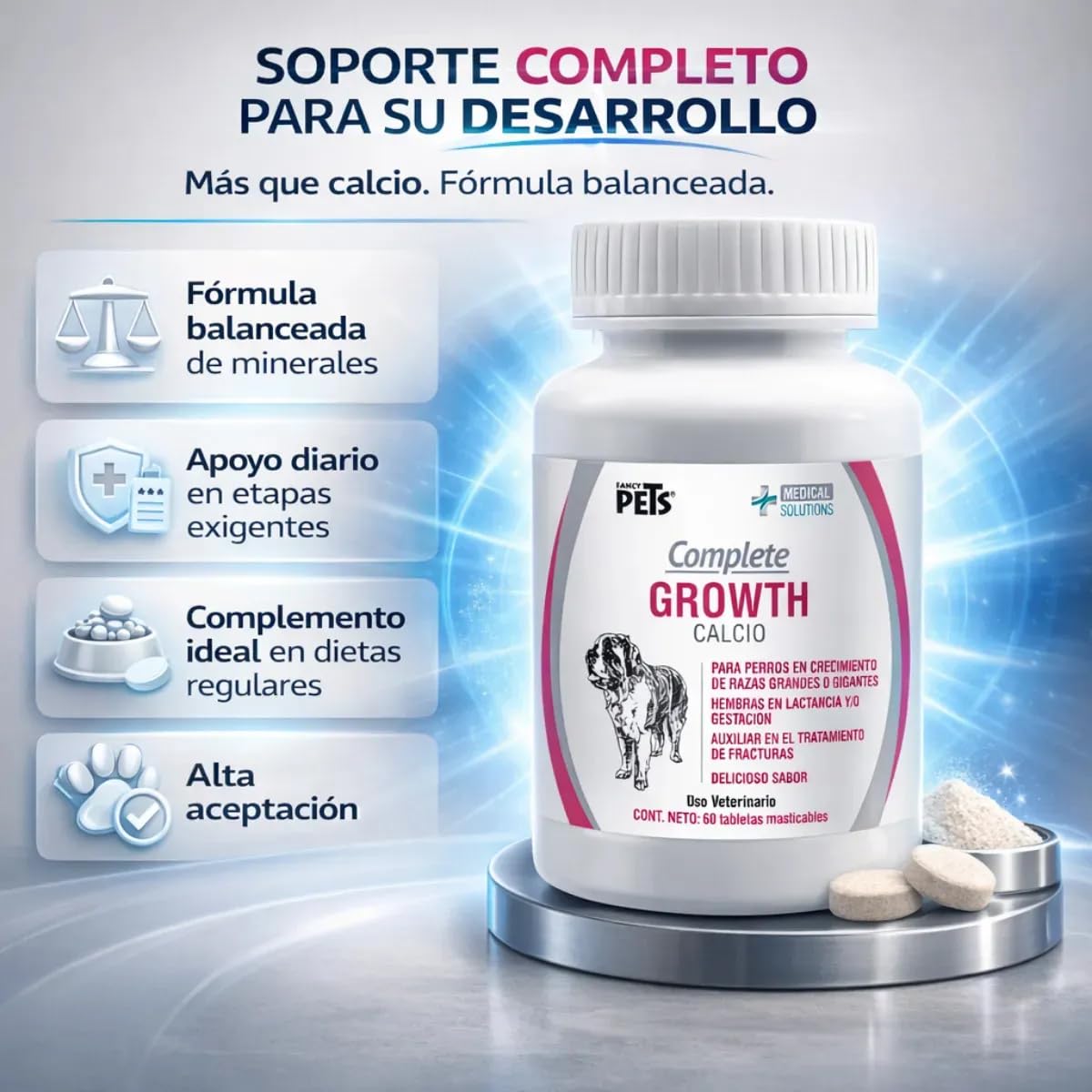 Fancy Pets MS Complete Growth Suplemento para Perros con Vitaminas, Minerales, Calcio, Fósforo y Omega 3 y 6 Tabletas Masticables 60 Tab