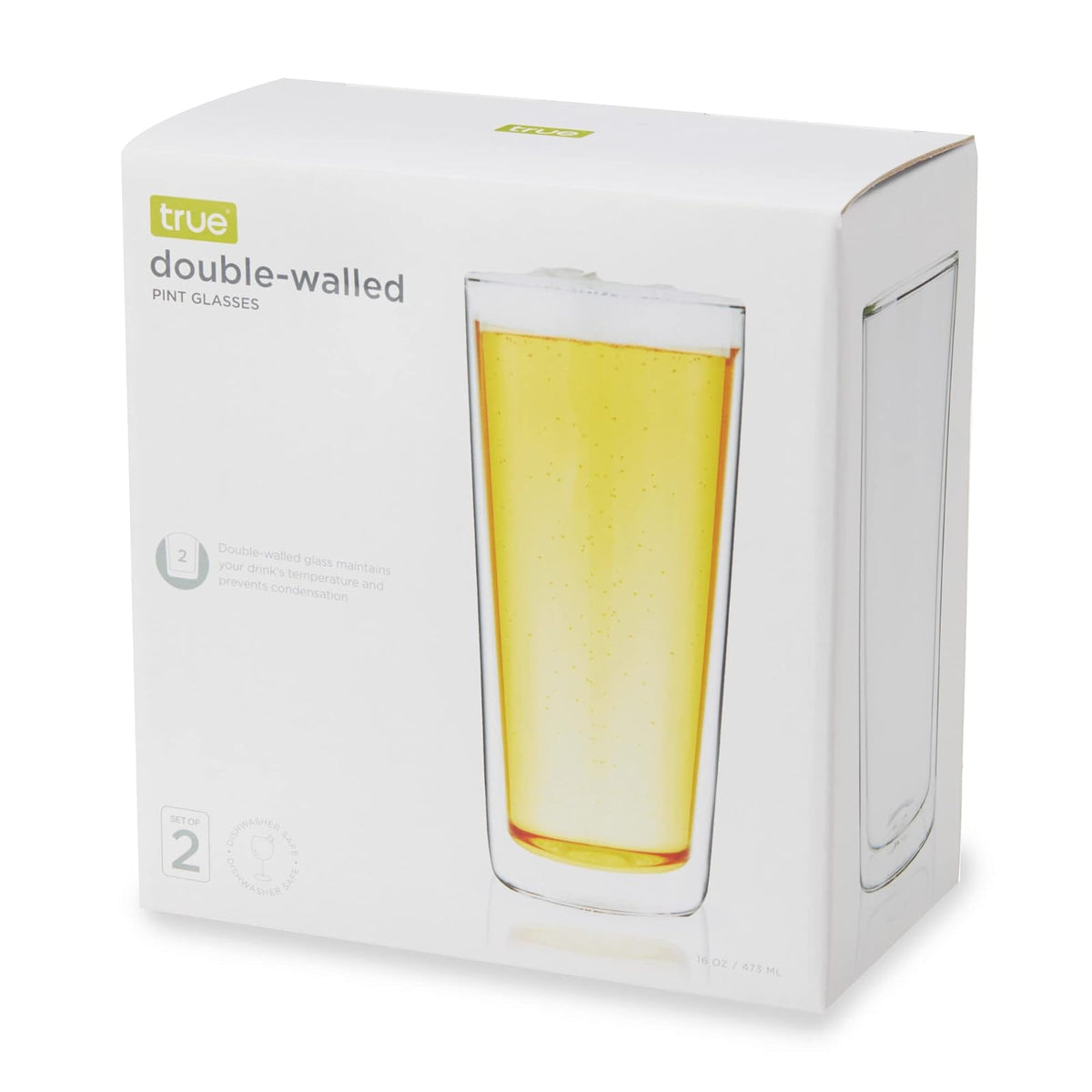 True - Juego de vasos de cerveza de doble pared, vasos de vidrio de pinta para inauguración de la casa, cumpleaños, boda, accesorios de bar, 16 onzas, juego de 2, transparente