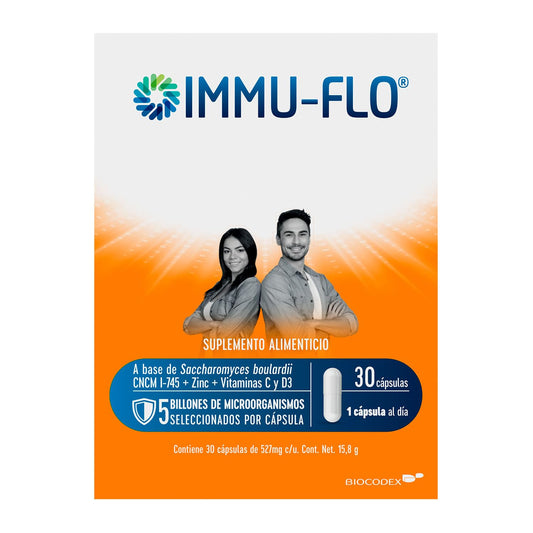 IMMU-FLO® Suplemento alimenticio a base del probiótico Saccharomyces boulardii CNCM I-745, zinc, vitaminas C y D3 apoya al sistema inmune, efecto antiinflamatorio y regula la respuesta antes infecciones respiratorias.