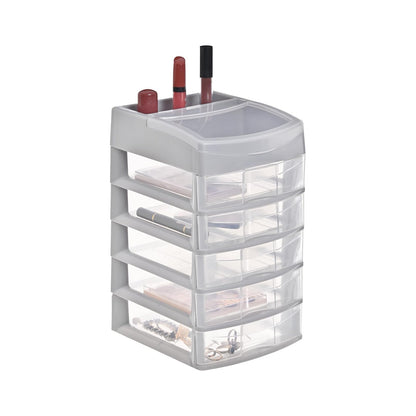 Italhome Cajonera De Plástico, Mini Organizador Multiusos De Color Gris Con 5 Cajones Transparentes Sesia