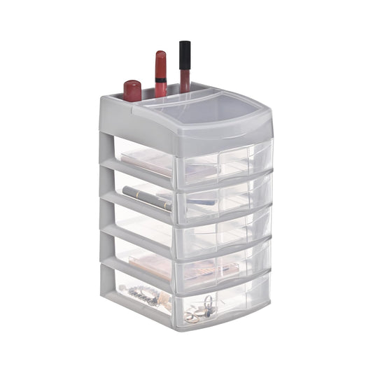 Italhome Cajonera De Plástico, Mini Organizador Multiusos De Color Gris Con 5 Cajones Transparentes Sesia