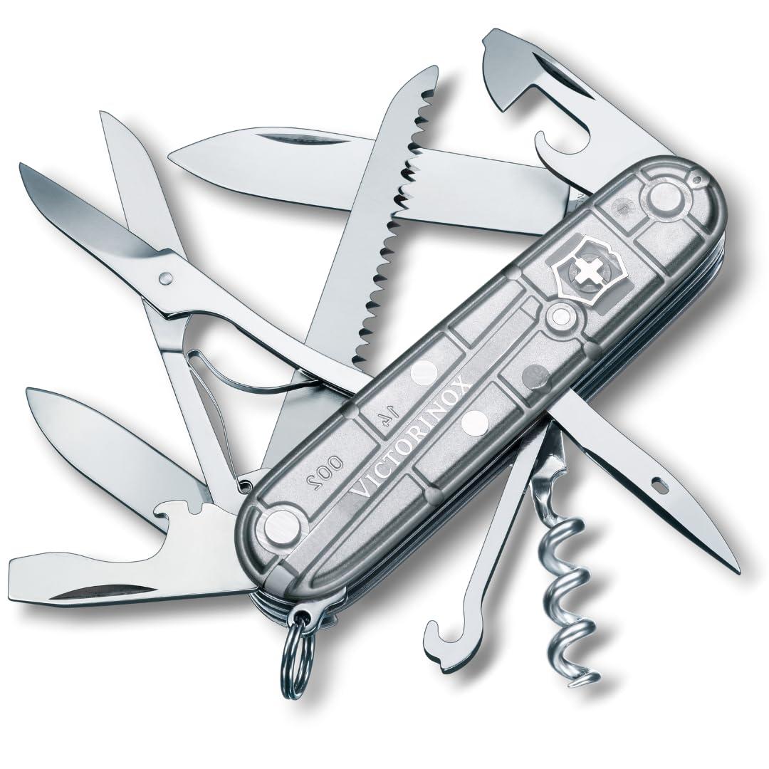 Victorinox Navaja Huntsman Silver Tech, Plata Transparente, 15 Usos | Navaja resistente con tijeras y sierra para madera para camping y exterior. Incluye cuchilla y sacacorchos. Fabricado en Suiz