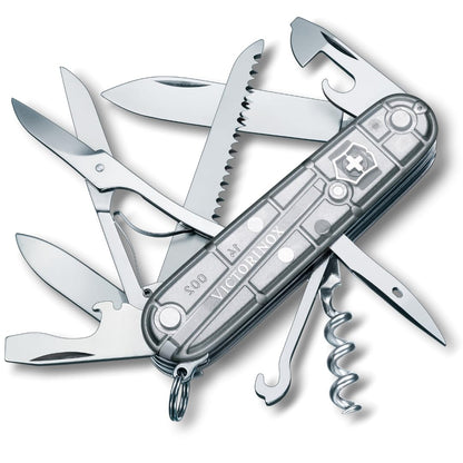Victorinox Navaja Huntsman Silver Tech, Plata Transparente, 15 Usos | Navaja resistente con tijeras y sierra para madera para camping y exterior. Incluye cuchilla y sacacorchos. Fabricado en Suiz