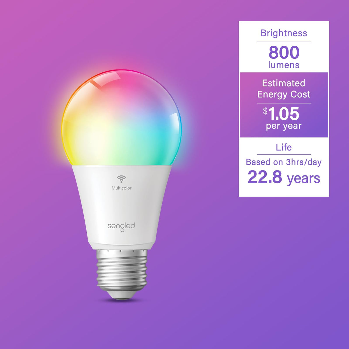 Sengled - Bombilla WiFi que cambia de color, bombillas inteligentes Alexa que funcionan con Alexa y Google Assistant, A19 RGB no requiere concentrador, equivalente a 75 W 800LM CRI>90, juego de 4