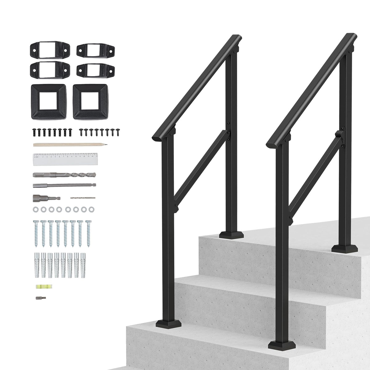 VEVOR de Escalera para Pasamanos de Escalera 2-3 Escalones 2 PCS con Kit de Instalación Tubo Cuadrado de Acero al Carbono para Personas Mayores, Escalones de Concreto, Porche, Patio, Negro