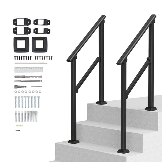 VEVOR de Escalera para Pasamanos de Escalera 2-3 Escalones 2 PCS con Kit de Instalación Tubo Cuadrado de Acero al Carbono para Personas Mayores, Escalones de Concreto, Porche, Patio, Negro