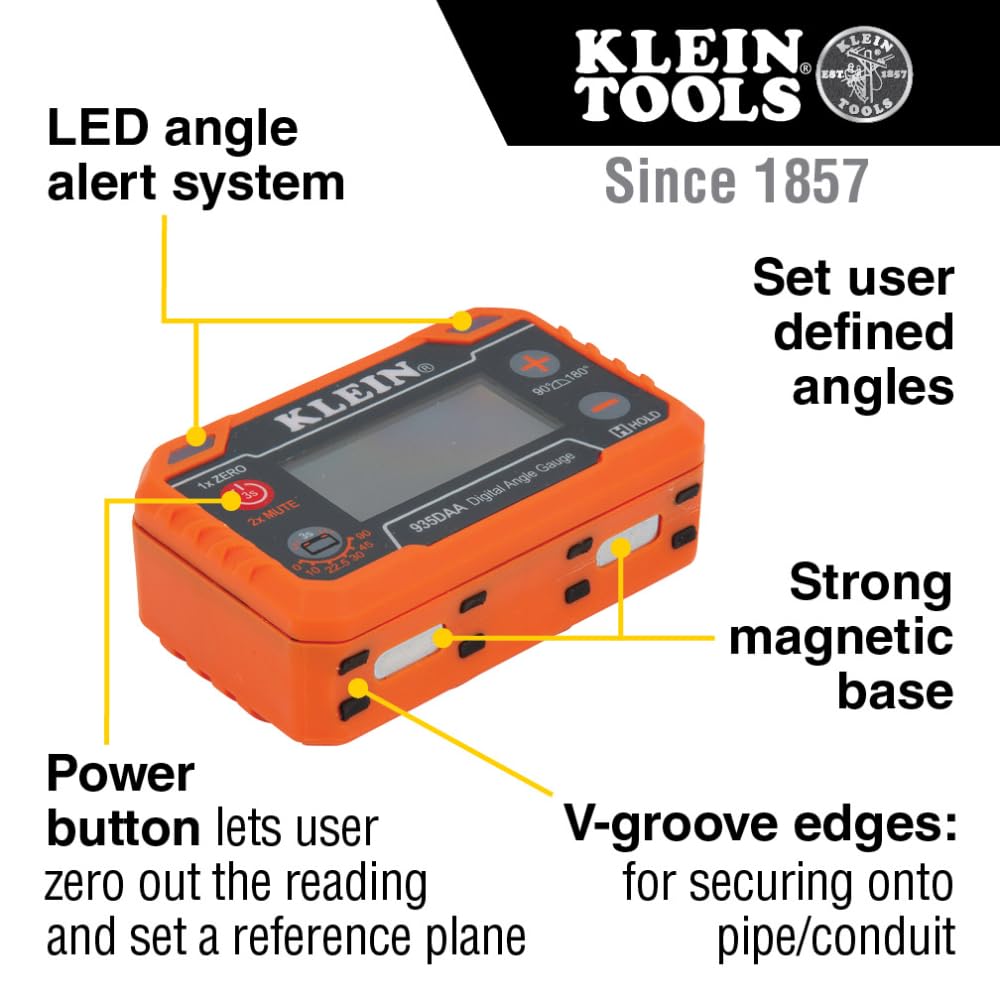Klein Tools 935DAA Medidor electrónico digital de nivel y ángulo, alerta | Mide y establece ángulos, rangos de 0-90 y 0-180 grados
