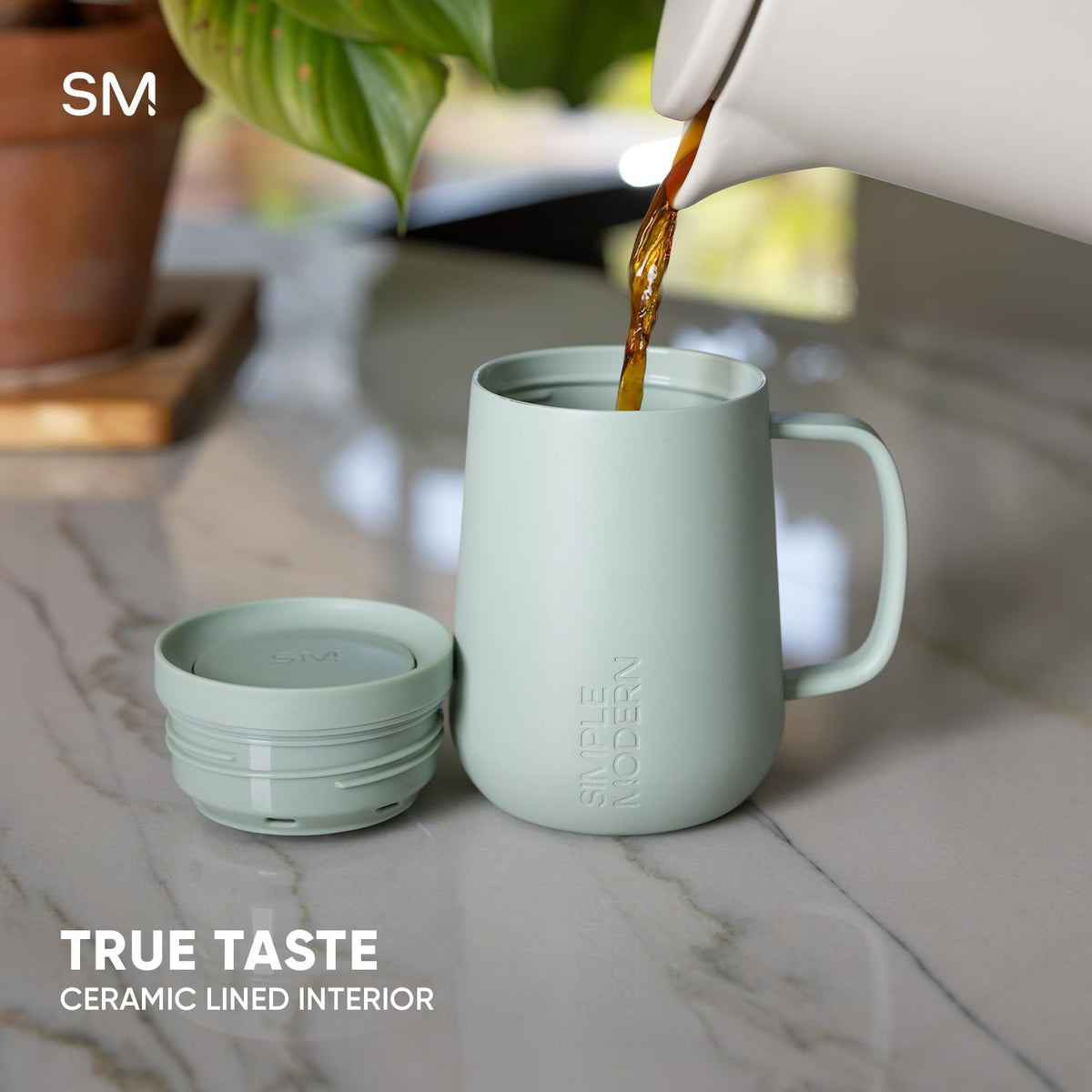 Simple Modern Taza de Café para Viajes con Asa, Vaso Térmico de Café de Acero Inoxidable con Taza para Té, Regalos para Mujeres y Hombres, Voyager Colección, 350ml, Almond Birch