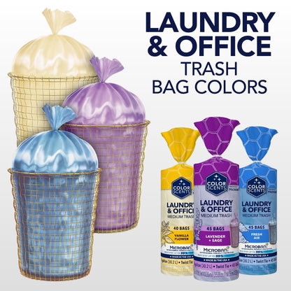 Color Scents Bolsas de basura medianas – 8 galones, 540 bolsas en total (12 paquetes de 45 unidades), Twist Tie – Colección Clean (3 aromas únicos + combinaciones de colores) con Microban