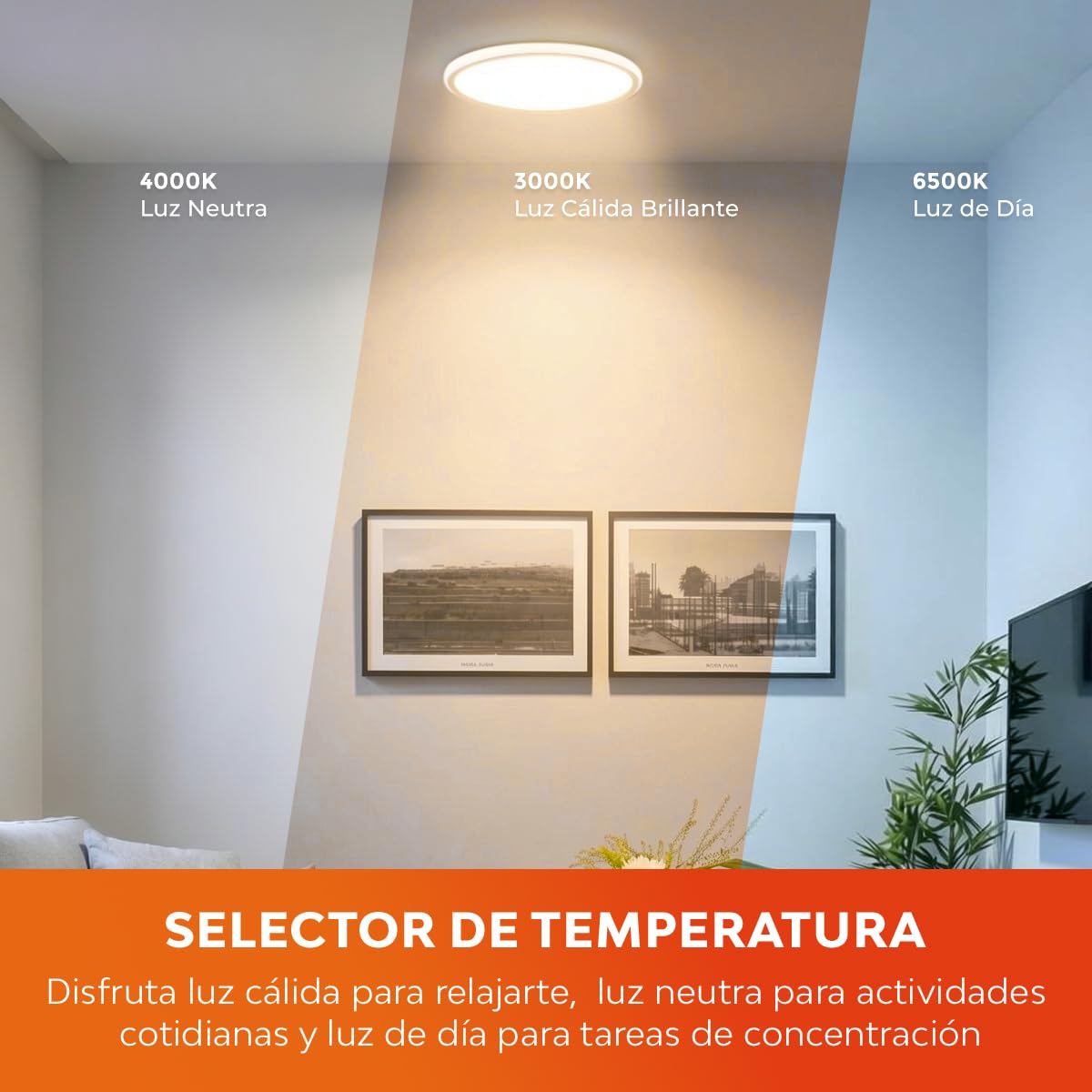 Tecnolite - Lámpara de Techo Plafón LED 36 W, Luz Blanca Ajustable con Aro de Luz, No atenuable