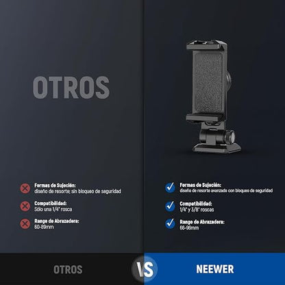 NEEWER Adaptador Trípode Metálico Movil con Base Liberación Rápida Arca, Zapata Fría, Giro 360° Inclinación 180°, Soporte Teléfono Compatible con iPhone 17 Pro MAX 16 15 Samsung Galaxy S25 Ultra S24
