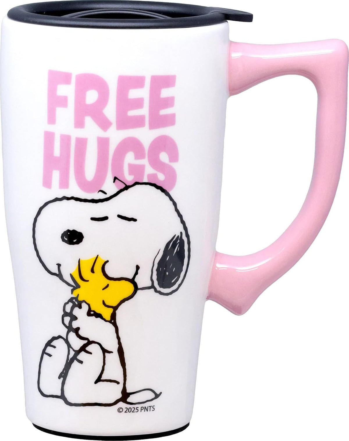 Spoontiques Snoopy Free Hugs - Taza de café de cerámica de viaje con tapa y asa, taza de doble pared de cacahuetes para bebidas frías y calientes, apta para microondas y lavaplatos, tapa a prueba de