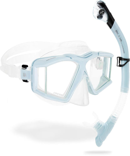 CRESSI Horizon – Máscara de Buceo y esnórquel Unisex con 4 Lentes temperares Separados o Set máscara+esnórquel Scilla Top Dry Combo para una visión Completa Limitada por Pines - Combo - Claro - Azul Hielo