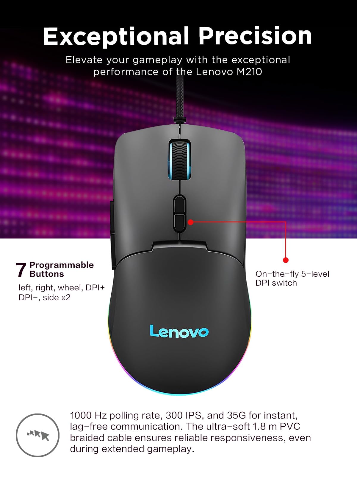 Lenovo M210 RGB mouse para juegos con cable para PC, portátil, computadora con Windows y sistema operativo cromado - 3 zonas RGB, sensor ajustable de 8000 DPI, 7 botones programables, mouse con agarre