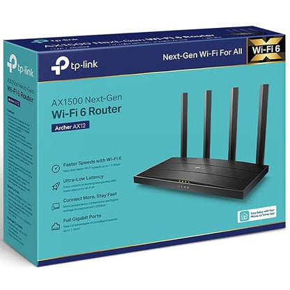 TP-Link Archer AX12 Router WiFi6 AX1500 Doble Banda hasta 1.5Gbps - 1 WAN + 3 LAN Gigabit - Conecta Más Dispositivos - Cobertura Ampliada - Controles parentales - App Tether - Configura en Minutos