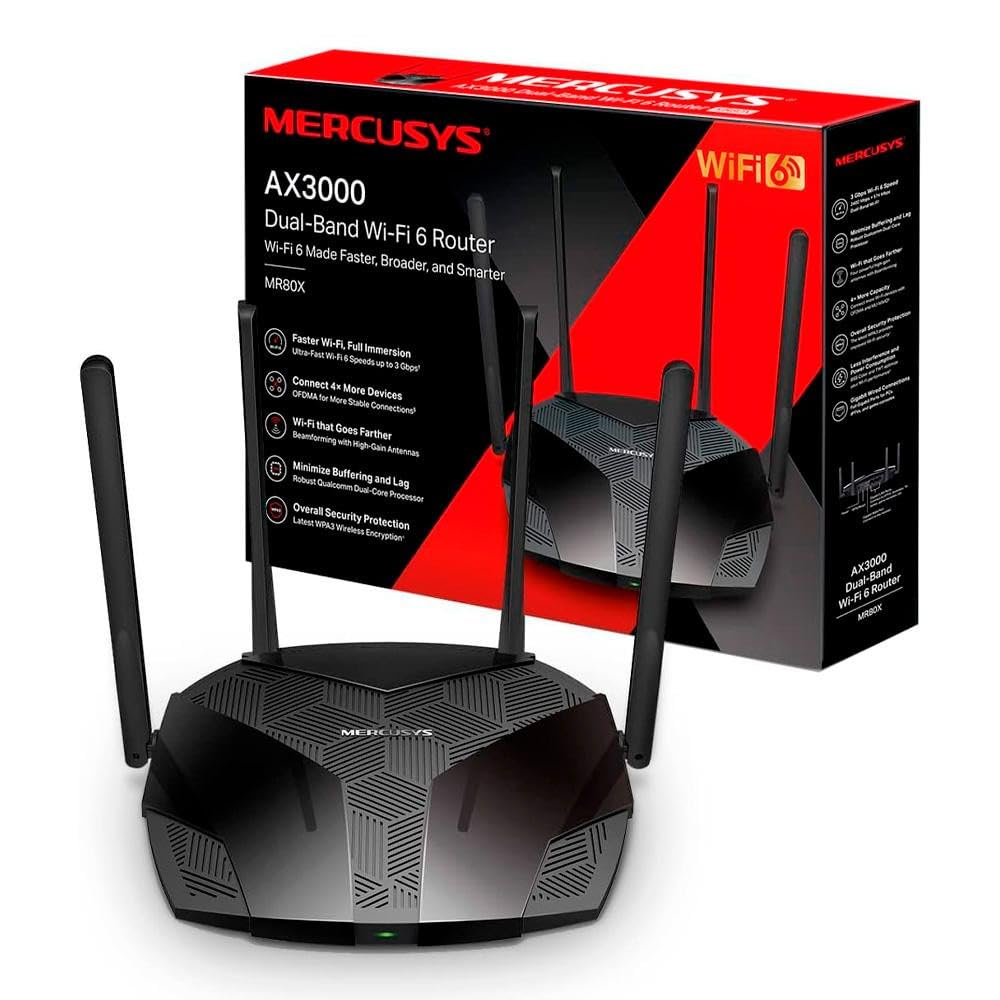 MERCUSYS de TP-Link Router WiFi 6, AX3000 Doble Banda, Qualcomm Dual-Core CPU, 4 Puertos Gigabits, Fácil configuración por aplicación. (MR80X)