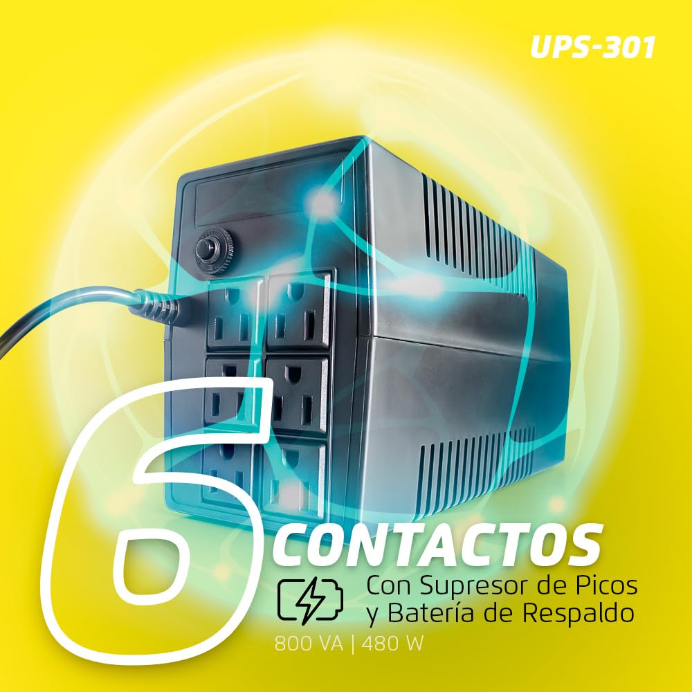 Vorago No Break UPS-301 800VA 480W Regulador y Batería de Respaldo Hogar Oficina para TV, Computadoras y Consolas