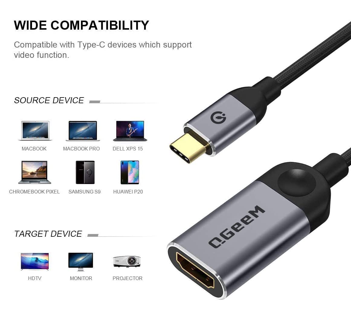 USB C to HDMI Adapter 4K 30Hz Cable, QGeeM USB Type-C to HDMI Adapter [Thunderbolt 3 Compatible] MacBook Pro 2018/2017, Samsung Galaxy S9/S8, Surface Book 2, Dell XPS 13/15, Pixelbook More