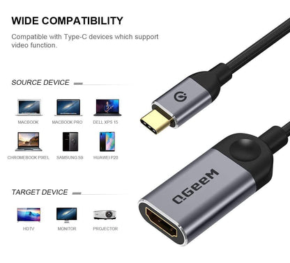 USB C to HDMI Adapter 4K 30Hz Cable, QGeeM USB Type-C to HDMI Adapter [Thunderbolt 3 Compatible] MacBook Pro 2018/2017, Samsung Galaxy S9/S8, Surface Book 2, Dell XPS 13/15, Pixelbook More