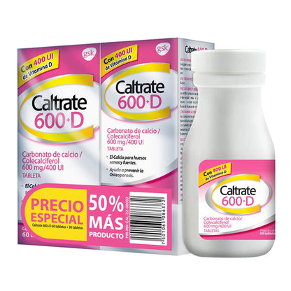 Caltrate Suplemento de Calcio 600 +D 600mg / 400 UI 2 Pack de 60 tabletas + 30 tabletas