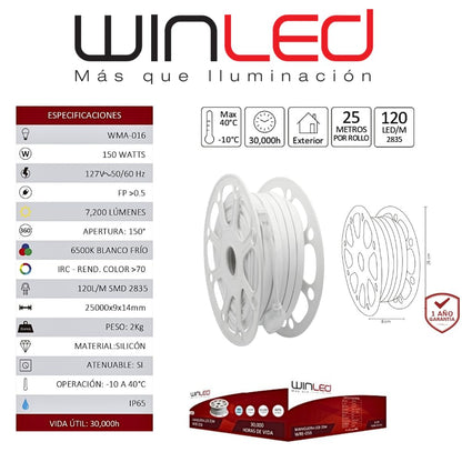 Winled WMA-016 Manguera Neon Doble LED 2835 25M Blanco Frio 150W